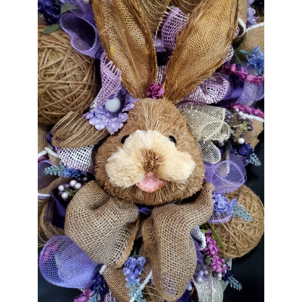 Easter Bunny Bow Ribbon Wicker Purple Handmade Wreath Decor 29